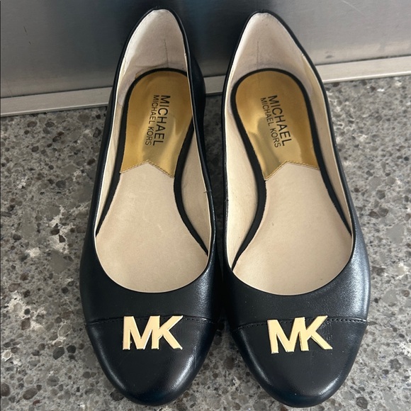 Michael Kors Shoes - Michael Kors Black Leather Ballet Flats with Gold MK Logo